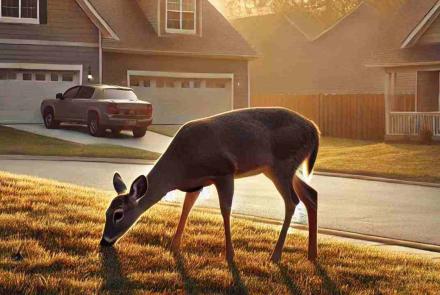 Deer roaming through a North Carolina neighborhood, blending into the urban surroundings.
