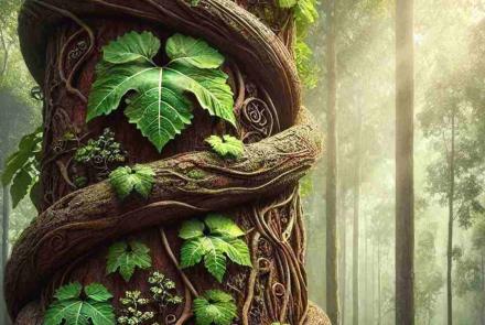 A massive vine winding around a large tree, creating an epic showdown in the forest.