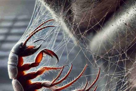 Claws caught in a spider's web, delicately hanging between tree branches in a mysterious forest setting.