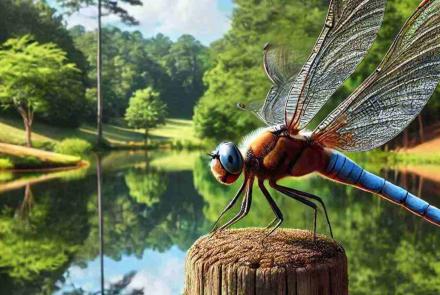 A dragonfly clinging tightly to a post during high winds, refusing to let go despite the gusts.